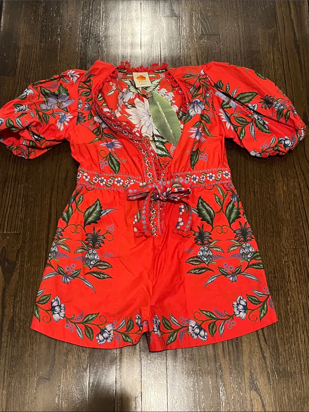 FARM Rio Red Floral Puff-Sleeve Romper
